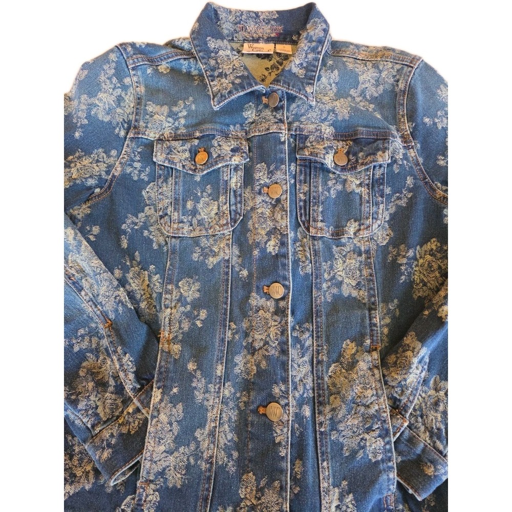 Womens Floral Denim Trucker Jacket Sz S Blue Boho 90s Coastal Cottage Romantic - Picture 3 of 10